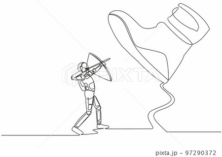 Single one line drawing young astronaut aiming bow against giant shoes stomping. Spaceman archery against giant foot step. Cosmic galaxy space concept. Continuous line draw design vector illustration 97290372