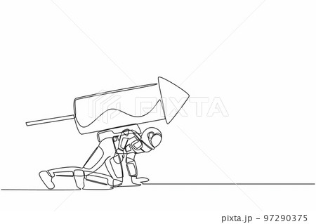 Continuous one line drawing young astronaut with rocket on back stand on start ready for spaceship expedition race. Cosmonaut outer space concept. Single line draw graphic design vector illustration Continuous one line drawing young astronaut with rocket on back stand on start ready for spaceship expedition race. Cosmonaut outer space concept. Single line draw graphic design vector illustration 97290375