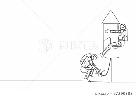 Continuous one line drawing young astronaut ignite firework rocket while his teammates prepare to fly on the rocket. Cosmonaut outer space concept. Single line draw graphic design vector illustration 97290388