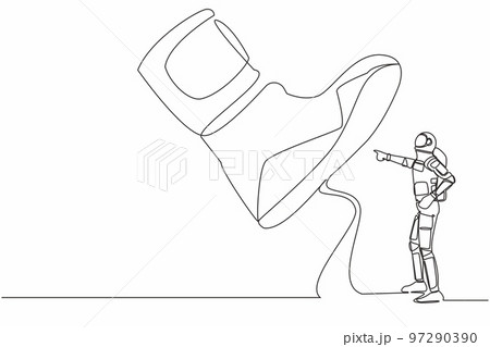 Continuous one line drawing young astronaut facing against giant shoes stomping. Spaceman pointing against giant foot step. Cosmonaut outer space. Single line draw graphic design vector illustration 97290390