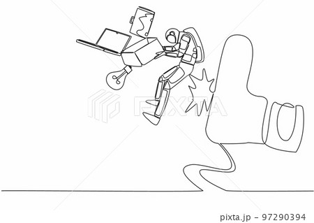 Continuous one line drawing of young astronaut kicked out of work with office supplies in moon surface. Scientist staff reduction. Cosmonaut outer space. Single line graphic design vector illustration Continuous one line drawing of young astronaut kicked out of work with office supplies in moon surface. Scientist staff reduction. Cosmonaut outer space. Single line graphic design vector illustration 97290394