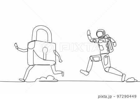 Single continuous line drawing astronaut run chasing padlock in moon surface. Space company security. Spaceship property protection. Cosmonaut deep space. One line design vector graphic illustration 97290449
