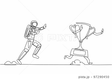 Single one line drawing young astronaut run chasing trophy in moon surface. Victory and award for galactic exploration. Cosmic galaxy space concept. Continuous line graphic design vector illustration 97290450