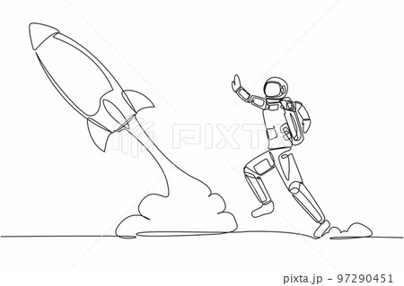 Continuous one line drawing young astronaut run chasing rocket take off in moon surface. Left behind departure back to earth. Cosmonaut outer space concept. Single line draw design vector illustration 97290451