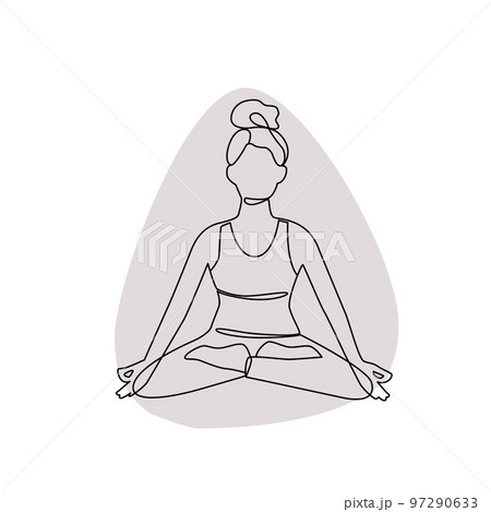 Single line drawing of a girl sitting in a yoga pose with abstract shape background Single line drawing of a girl sitting in a yoga pose with abstract shape background 97290633