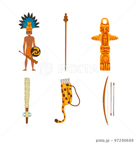 Maya Civilization Ethnic Symbols with Warrior Holding Shield and Bludgeon, Bow with Arrow and Animal Totem Vector Set 97290689