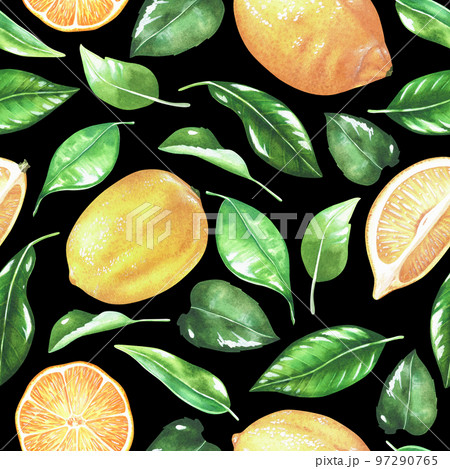 Seamless pattern with lemons and leaves. Whole fruit and cut. Watercolor illustration. Isolated on a black background. For design kitchen accessories, product packaging with citrus acid or scent 97290765