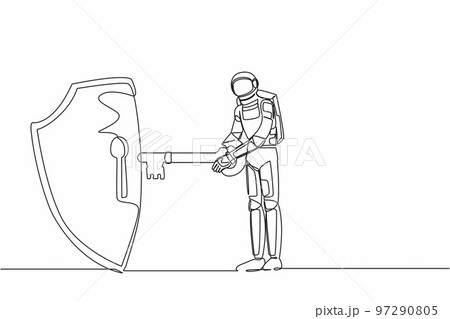 Single continuous line drawing of young astronaut put key into shield. Internet security and data protection in spaceship exploration. Cosmonaut deep space. One line design vector graphic illustration 97290805