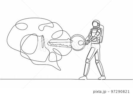Continuous one line drawing young astronaut putting key into brain in moon surface. Unlock spaceman personality for better healthy. Cosmonaut outer space. Single line draw design vector illustration 97290821