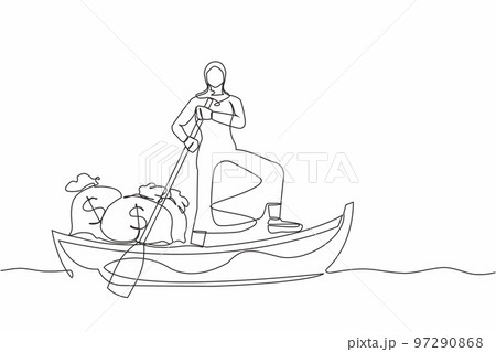 Single continuous line drawing Arab businesswoman standing in boat and sailing with money bag. Financial profit, successful management. Escape with money. One line graphic design vector illustration Single continuous line drawing Arab businesswoman standing in boat and sailing with money bag. Financial profit, successful management. Escape with money. One line graphic design vector illustration 97290868