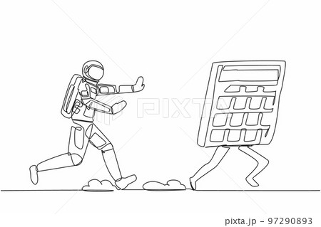 Single one line drawing young astronaut chasing calculator in moon surface. Calculation of costs for space exploration. Cosmonaut deep space concept. Continuous line design graphic vector illustration Single one line drawing young astronaut chasing calculator in moon surface. Calculation of costs for space exploration. Cosmonaut deep space concept. Continuous line design graphic vector illustration 97290893