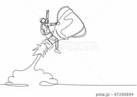 Continuous one line drawing astronaut riding trophy rocket flying in moon surface. Improve science capabilities to win competition. Cosmonaut outer space. Single line draw design vector illustration Continuous one line drawing astronaut riding trophy rocket flying in moon surface. Improve science capabilities to win competition. Cosmonaut outer space. Single line draw design vector illustration 97290894
