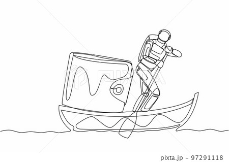 Single one line drawing young astronaut sailing away on boat with purse. Money management in spaceship company. Cosmic galaxy space concept. Modern continuous line design graphic vector illustration 97291118