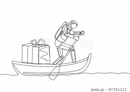 Single continuous line drawing astronaut sailing away on boat with gift box. Prizes for cosmonauts who have successfully explored outer space. Cosmonaut deep space. One line design vector illustration 97291122