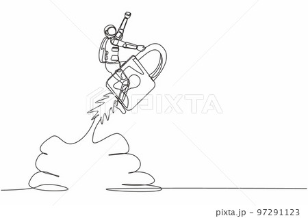 Single one line drawing young astronaut riding padlock rocket flying in moon surface. Improving the safety of spacecraft launches. Cosmic galaxy space. Continuous line draw design vector illustration Single one line drawing young astronaut riding padlock rocket flying in moon surface. Improving the safety of spacecraft launches. Cosmic galaxy space. Continuous line draw design vector illustration 97291123