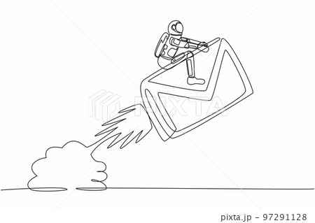 Single continuous line drawing astronaut riding paper envelope rocket flying in moon surface. Launching inter-galaxy digital messaging. Cosmonaut deep space. One line draw design vector illustration Single continuous line drawing astronaut riding paper envelope rocket flying in moon surface. Launching inter-galaxy digital messaging. Cosmonaut deep space. One line draw design vector illustration 97291128