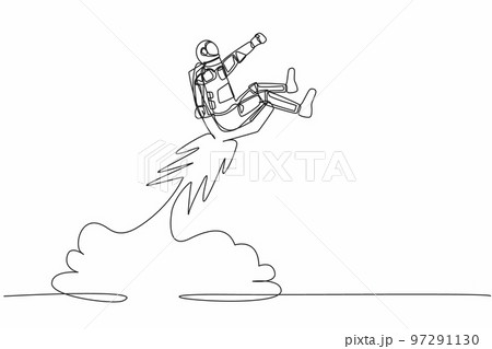 Continuous one line drawing astronaut riding chair rocket flying in moon surface. Human resource development in aerospace companies. Cosmonaut outer space. Single line draw design vector illustration 97291130