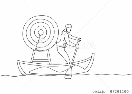 Continuous one line drawing businesswoman sailing away on boat with dartboard target.  Strategic planning company to win competition. Business mission. Single line design vector graphic illustration 97291190