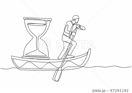 Continuous one line drawing businessman standing in boat and sailing with hourglass. Manager escape from deadline. Motivation to go forward. Running out of time. Single line design vector illustration Continuous one line drawing businessman standing in boat and sailing with hourglass. Manager escape from deadline. Motivation to go forward. Running out of time. Single line design vector illustration 97291192