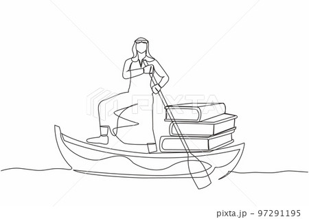 Single continuous line drawing Arab businessman sailing away on boat with pile of books. Intellectual progress by getting used to reading book. Education concept. One line design vector illustration 97291195
