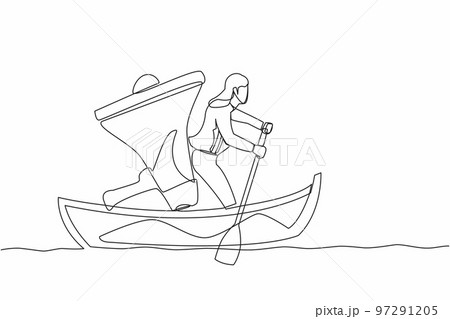Single one line drawing businesswoman sailing away on boat with megaphone. Command leader, control through megaphone, leadership and teamwork. Continuous line draw design vector graphic illustration Single one line drawing businesswoman sailing away on boat with megaphone. Command leader, control through megaphone, leadership and teamwork. Continuous line draw design vector graphic illustration 97291205