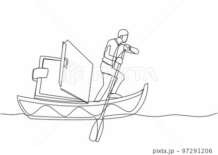 Continuous one line drawing businessman sailing away on boat with wallet. Office worker with financial problem due to economic crisis. Lack of paper money. Single line draw design vector illustration Continuous one line drawing businessman sailing away on boat with wallet. Office worker with financial problem due to economic crisis. Lack of paper money. Single line draw design vector illustration 97291206