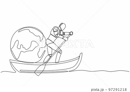 One continuous line drawing artificial robot standing in boat and sailing with earth globe. Taking trip around the world by ship. Tourism or travelling. Single line graphic design vector illustration One continuous line drawing artificial robot standing in boat and sailing with earth globe. Taking trip around the world by ship. Tourism or travelling. Single line graphic design vector illustration 97291218