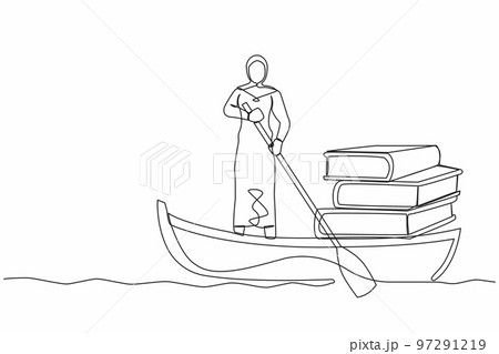 Single continuous line drawing Arab businesswoman standing in boat and sailing with books stack. Success manager with extensive knowledge. Study and growth. One line graphic design vector illustration 97291219