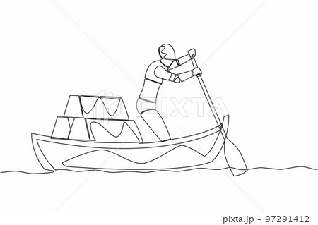 Single continuous line drawing robot sailing away on boat with stack of golden bullion. Gold investment in digital tech. Future technology development. One line draw graphic design vector illustration 97291412