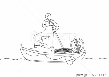 Single continuous line drawing Arab businesswoman standing in boat and sailing with stack of golden coin dollar. Successful investor entrepreneur. Gold investment. One line design vector illustration Single continuous line drawing Arab businesswoman standing in boat and sailing with stack of golden coin dollar. Successful investor entrepreneur. Gold investment. One line design vector illustration 97291417