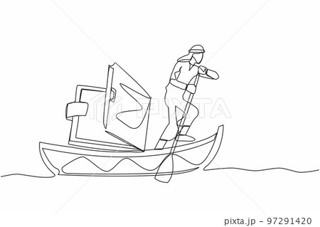 Single one line drawing Arab businessman sailing away on boat with wallet. Office worker with financial problem due to economic crisis. Lack of money. Continuous line draw design vector illustration Single one line drawing Arab businessman sailing away on boat with wallet. Office worker with financial problem due to economic crisis. Lack of money. Continuous line draw design vector illustration 97291420