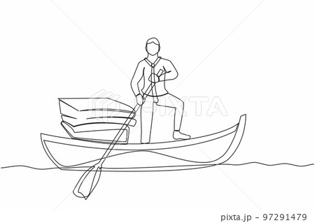 Single one line drawing businessman standing in boat and sailing with pile of papers. Manager escape from stack of documents, paperwork, overworked. Continuous line graphic design vector illustration Single one line drawing businessman standing in boat and sailing with pile of papers. Manager escape from stack of documents, paperwork, overworked. Continuous line graphic design vector illustration 97291479