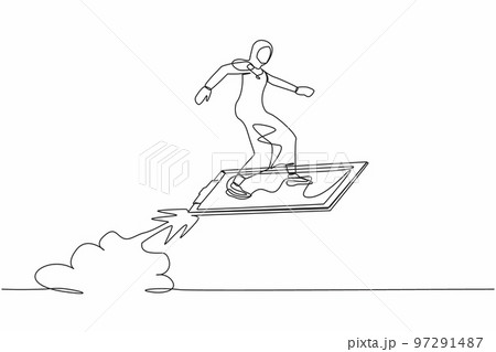 Continuous one line drawing Arabian businesswoman riding clipboard rocket flying in the sky. Checklist data analyze of employee status. Company development. Single line draw design vector illustration 97291487