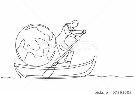 Single continuous line drawing Arab businesswoman standing in boat and sailing with globe. Taking trip around the world by ship. Tourism or travelling. One line draw graphic design vector illustration 97291502