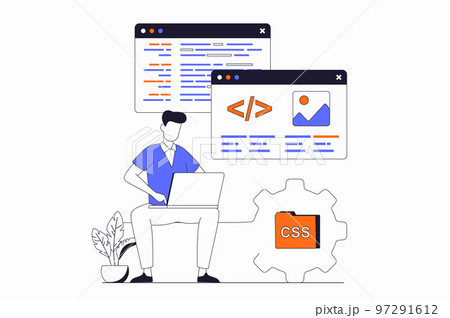 Web development concept with people scene in flat outline design. Man working with code and website layout on different screens using laptop. Vector illustration with line character situation for web Web development concept with people scene in flat outline design. Man working with code and website layout on different screens using laptop. Vector illustration with line character situation for web 97291612