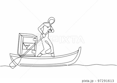 Continuous one line drawing Arab businesswoman standing in boat and sailing with safe deposit box. Escape with money. Criminal stole golden coin from bank. Single line draw design vector illustration 97291613