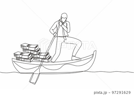 Single one line drawing businessman standing in boat and sailing with pile of banknote. Financial crime, tax evasion, money laundering, political corruption. Continuous line design vector illustration 97291629