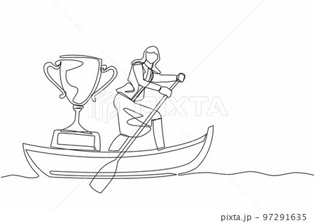 Single one line drawing attractive businesswoman sailing away on boat with trophy. Sailing world championship award. Winning water sport competition. Continuous line design graphic vector illustration Single one line drawing attractive businesswoman sailing away on boat with trophy. Sailing world championship award. Winning water sport competition. Continuous line design graphic vector illustration 97291635