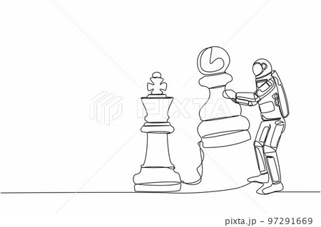 Continuous one line drawing astronaut holding pawn chess piece to beat king chess. Struggle for influence of space business. Cosmonaut outer space. Single line draw design vector graphic illustration Continuous one line drawing astronaut holding pawn chess piece to beat king chess. Struggle for influence of space business. Cosmonaut outer space. Single line draw design vector graphic illustration 97291669