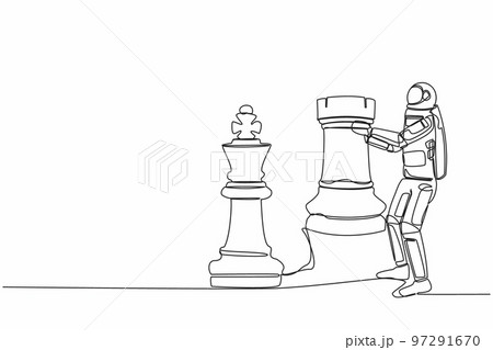 Single one line drawing astronaut holding rook chess piece to beat king chess. Power to rule interplanetary region. Cosmic galaxy space concept. Continuous line draw design graphic vector illustration Single one line drawing astronaut holding rook chess piece to beat king chess. Power to rule interplanetary region. Cosmic galaxy space concept. Continuous line draw design graphic vector illustration 97291670