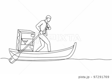 Continuous one line drawing businessman sailing away on boat with safe metal deposit box. Unexpected financial opportunities, credit, bank deposit protection. Single line design vector illustration 97291769