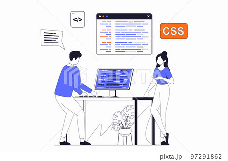 Development and programming concept with people scene in flat outline design. Man and woman write and test code and working at computer. Vector illustration with line character situation for web 97291862