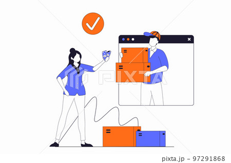 Delivery service concept with people scene in flat outline design. Woman orders courier parcel delivery online and pays to receive boxes. Vector illustration with line character situation for web 97291868