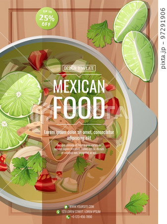 Flyer template with lime sauce and tortilla. Traditional Mexican food. Poster, discount banner for menu, restaurant, cafe Flyer template with lime sauce and tortilla. Traditional Mexican food. Poster, discount banner for menu, restaurant, cafe 97291906