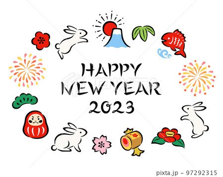 筆調のウサギと和風のお正月のアイコンフレーム 97292315