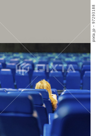 Back view on abstract alone girl sitting in empty cinema hall, blurred background Back view on abstract alone girl sitting in empty cinema hall, blurred background 97293188