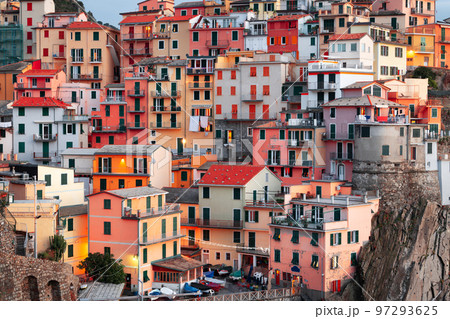 Manarola, La Spezia, Italy coastal view in Cinque Terre at dawn. 97293625