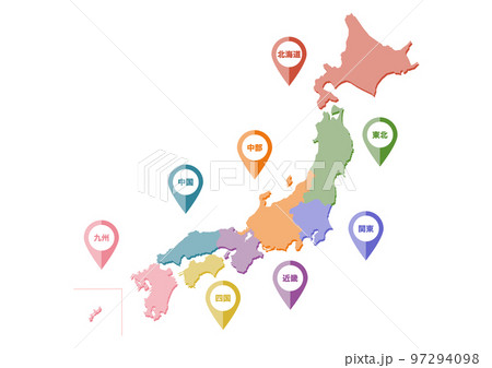 日本地図のイラスト: 日本の地方区分とアイコン 日本地図のイラスト: 日本の地方区分とアイコン 97294098