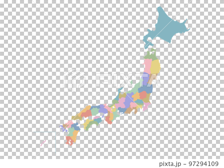 日本地図のイラスト: 色分けした都道府県 97294109