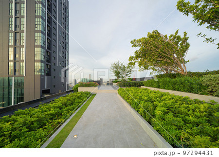 Sky garden on private rooftop of condominium or hotel, high rise architecture building with tree, grass field, and sunset sky. 97294431